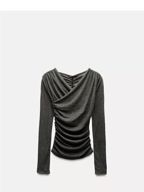 Zara Charcoal Ruched Draped Long-Sleeve Top